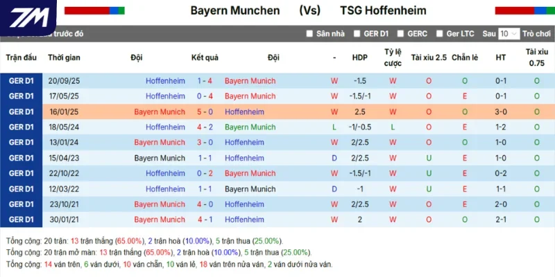Thành tích các lần đụng độ giữa Bayern Munich vs Hoffenheim