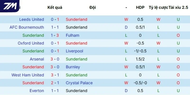 Hiệu suất ra sân của Sunderland