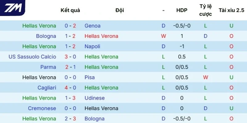Phong độ thi đấu thời gian qua của Hellas Verona
