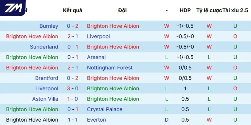 Diễn biến thi đấu Brighton