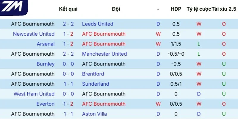 Thành tích ra sân của AFC Bournemouth mới đây 